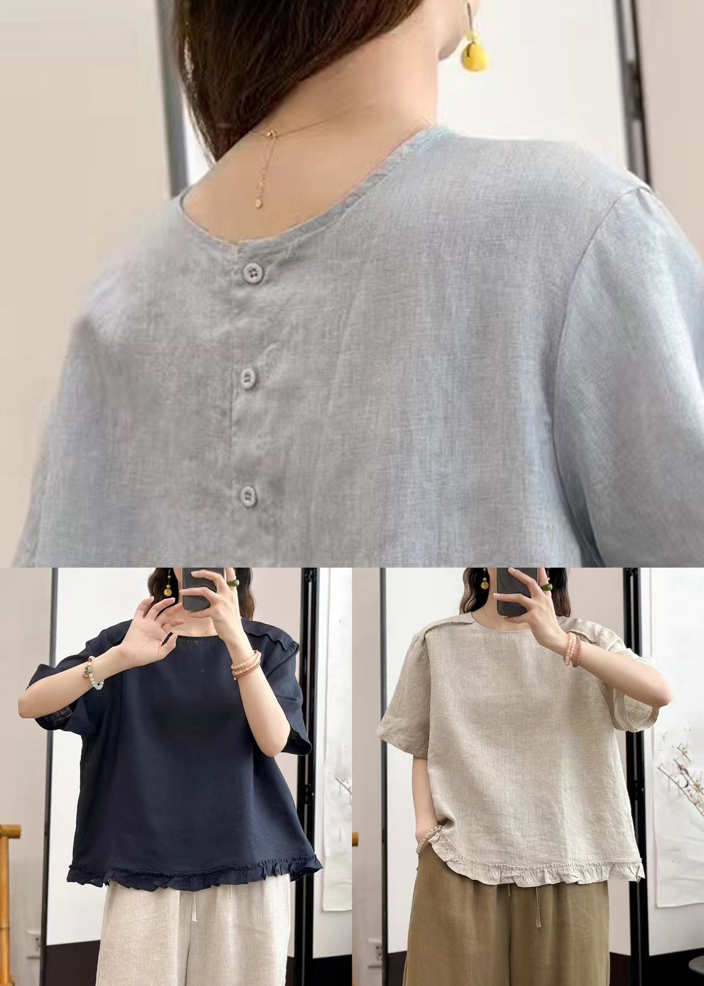 Navy Button Linen Blouse Tops O Neck Summer