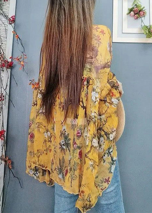 Green Print Lace Up Thin Chiffon Blouses Summer