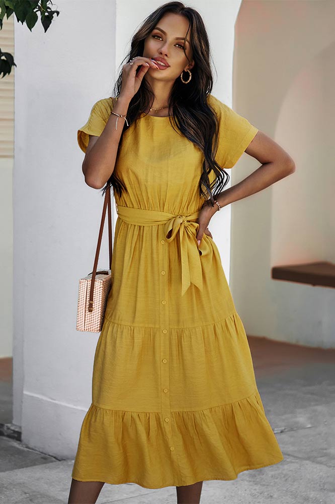 Simple Color Cotton Short Sleeve A-line Dress