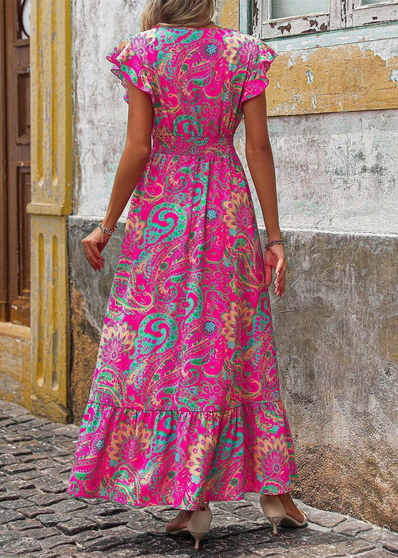 Rose V Neck Print Cotton Maxi Dress Butterfly Sleeve