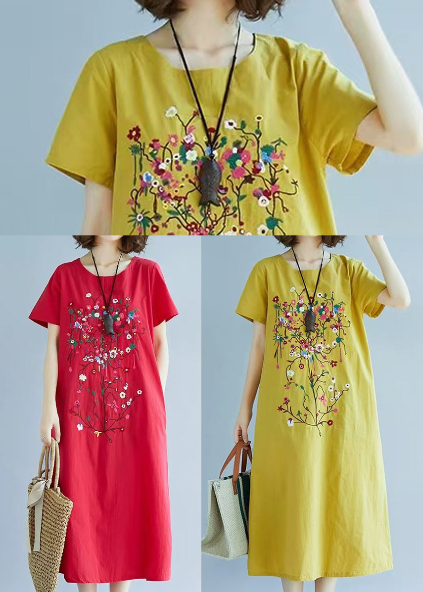 Art Red Embroidered Linen Holiday Dress Summer