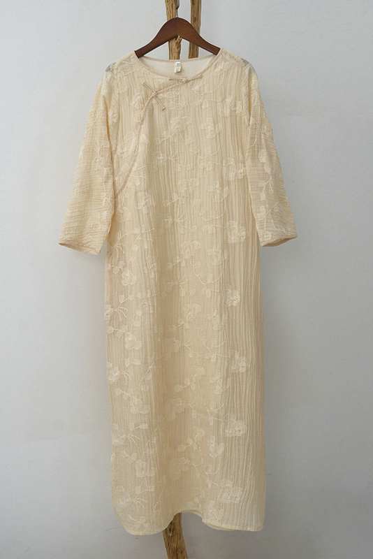 Summer Ramie Embroidered Dress Apricot Texture Maxi Dress