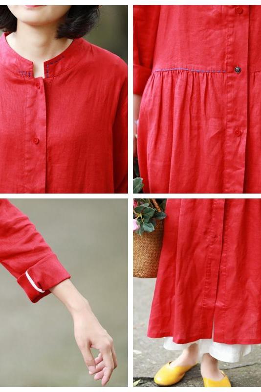 Loose Blue and Red Button Down Linen Maxi Dresses for