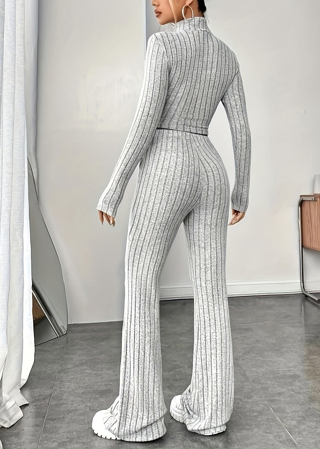 Stylish Light Grey High Neck Knit Two Piece Set Clothing Spring