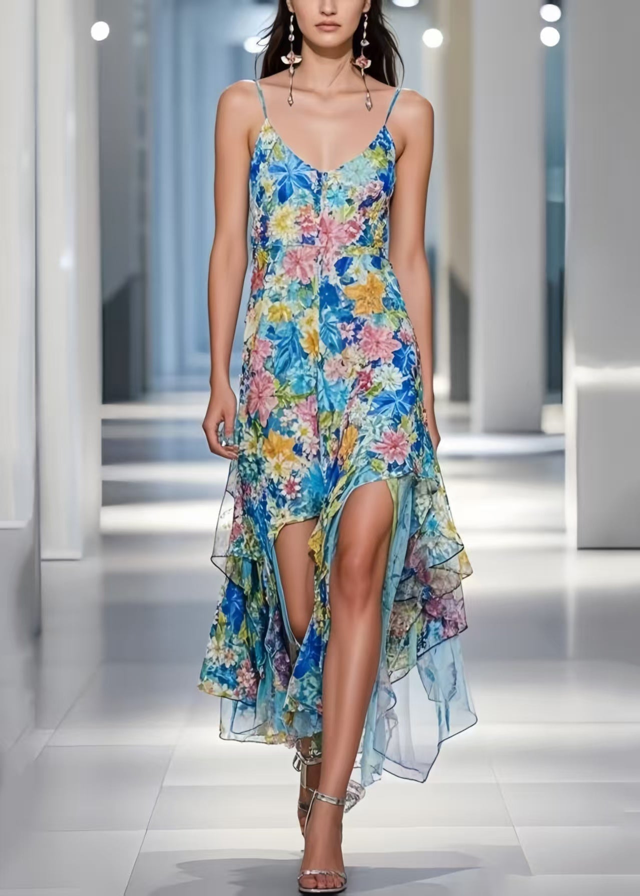 Blue Asymmetrical Print Cami Dress Summer