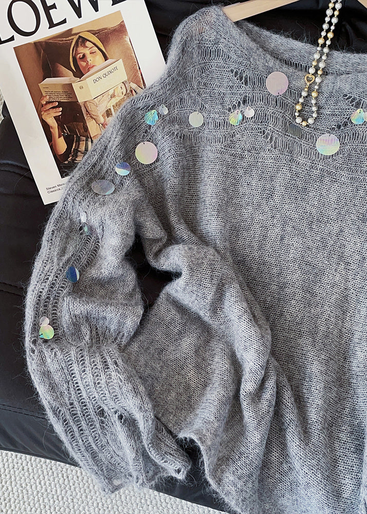 Grey Sequins Hollow Out Knitted Tops Fall