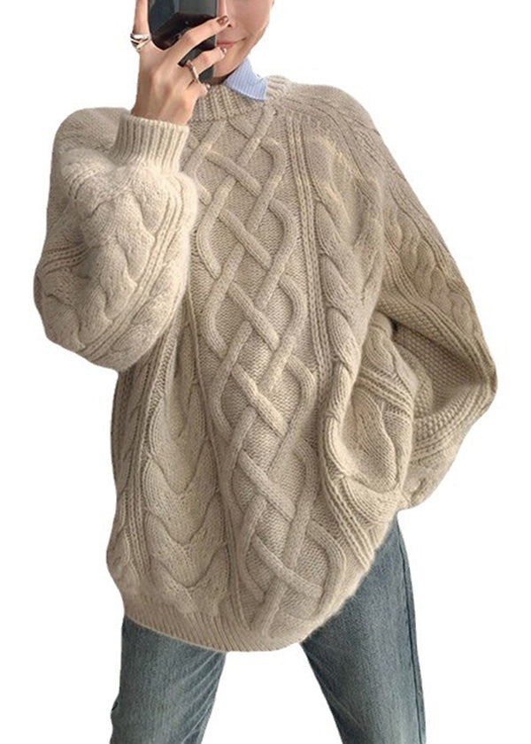 Apricot O Neck Thick Cotton Knit Sweater Fall