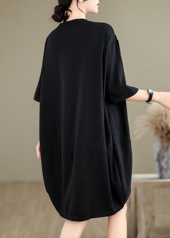 French Black O-neck Wrinkled Long Dresses Summer