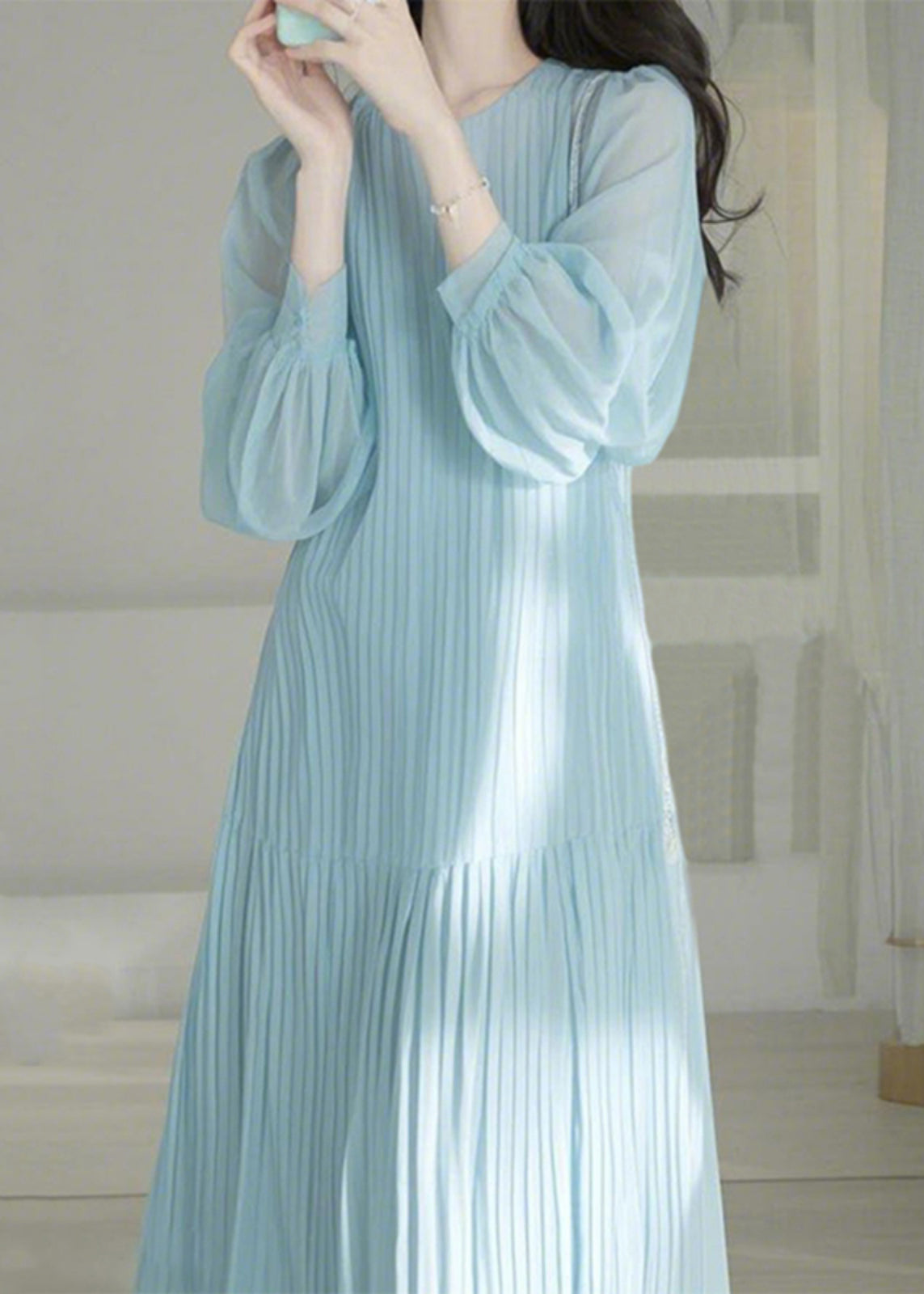 Light Blue O-neck Cinched Maxi Dresses Spring