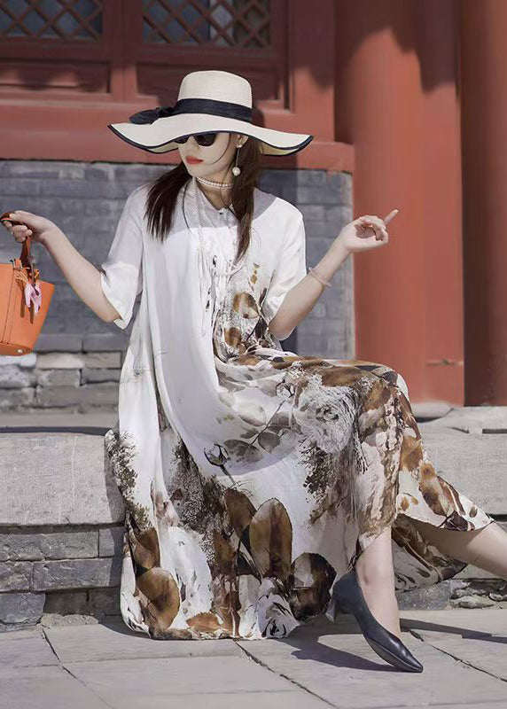 Khaki Oversized Print Silk Holiday Dress Summer