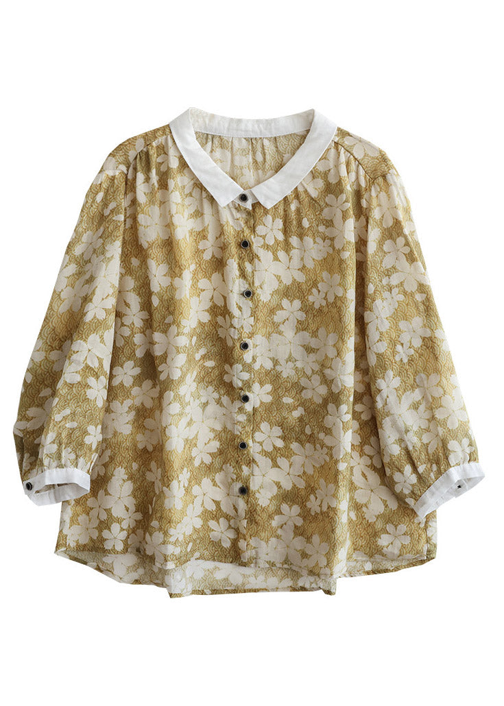 Yellow Peter Pan Collar Print Linen Shirt Long Sleeve