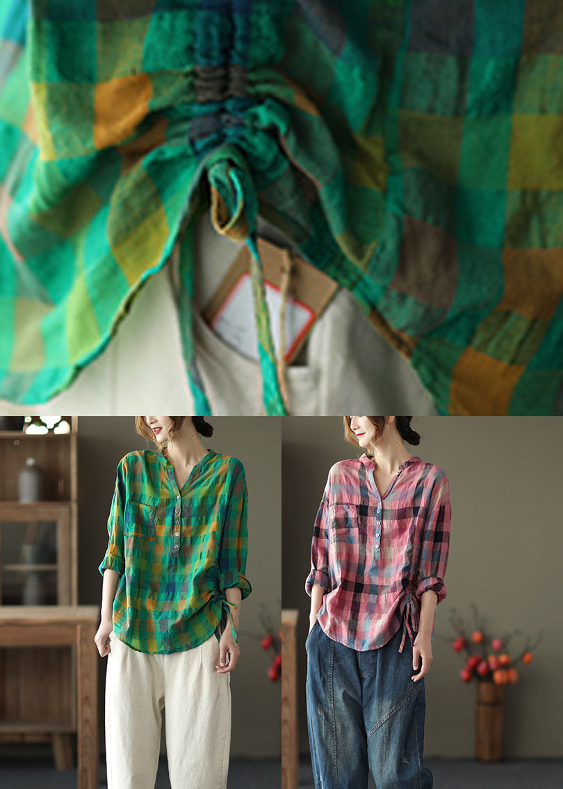 Green Loose Plaid Drawstring Fall Long Sleeve Shirt