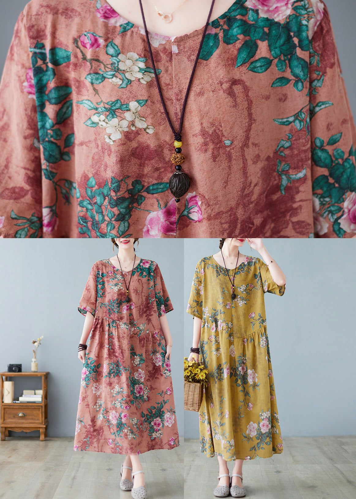 Yellow O-neck Print Maxi Dress Summer