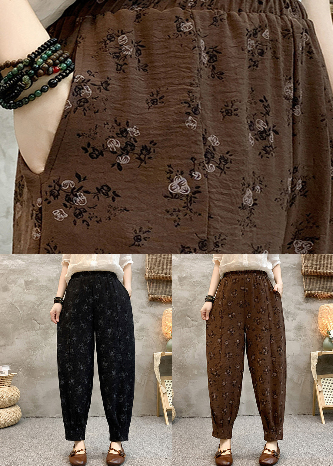 Black Print Elastic Waist Cotton Crop Pants Summer