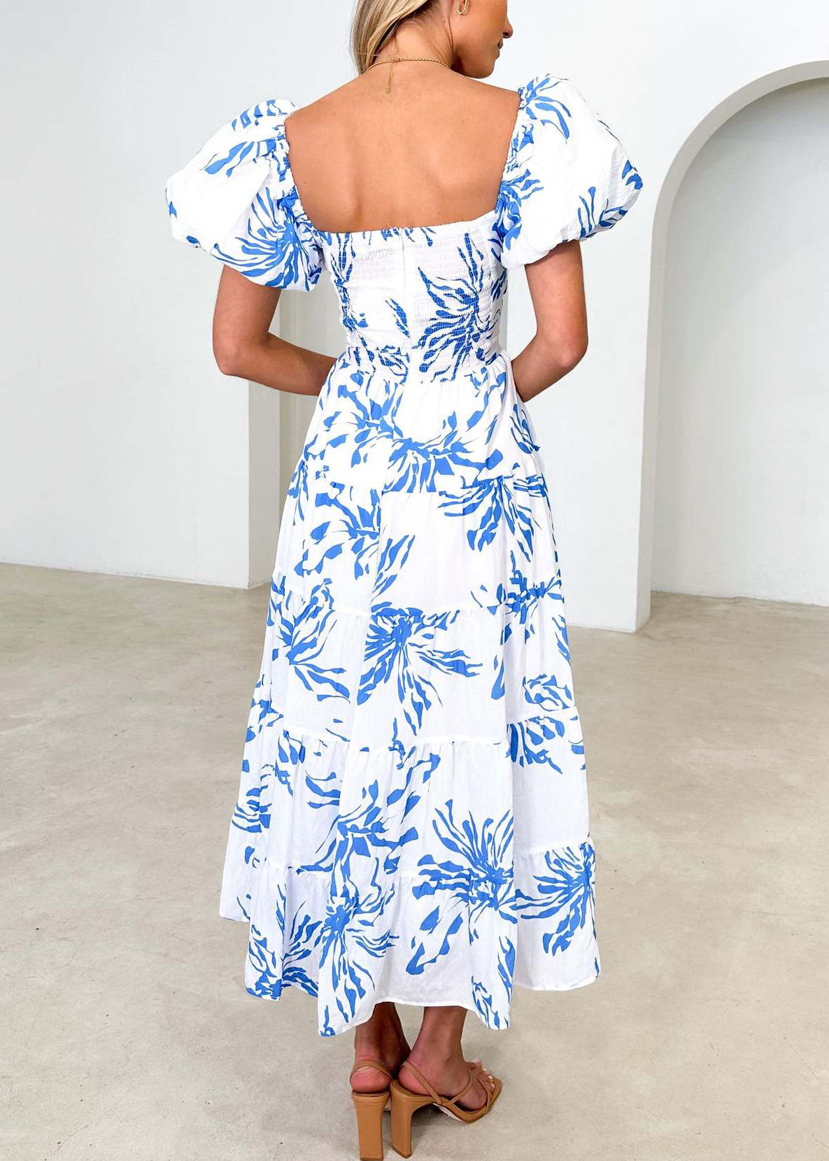 Blue V Neck Print Cotton Dress Puff Sleeve