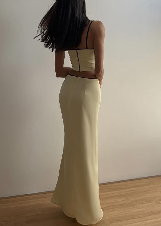 Yellow Bow Spaghetti Strap Tank and Skirts Silk Two Pieces Set Sleeveless