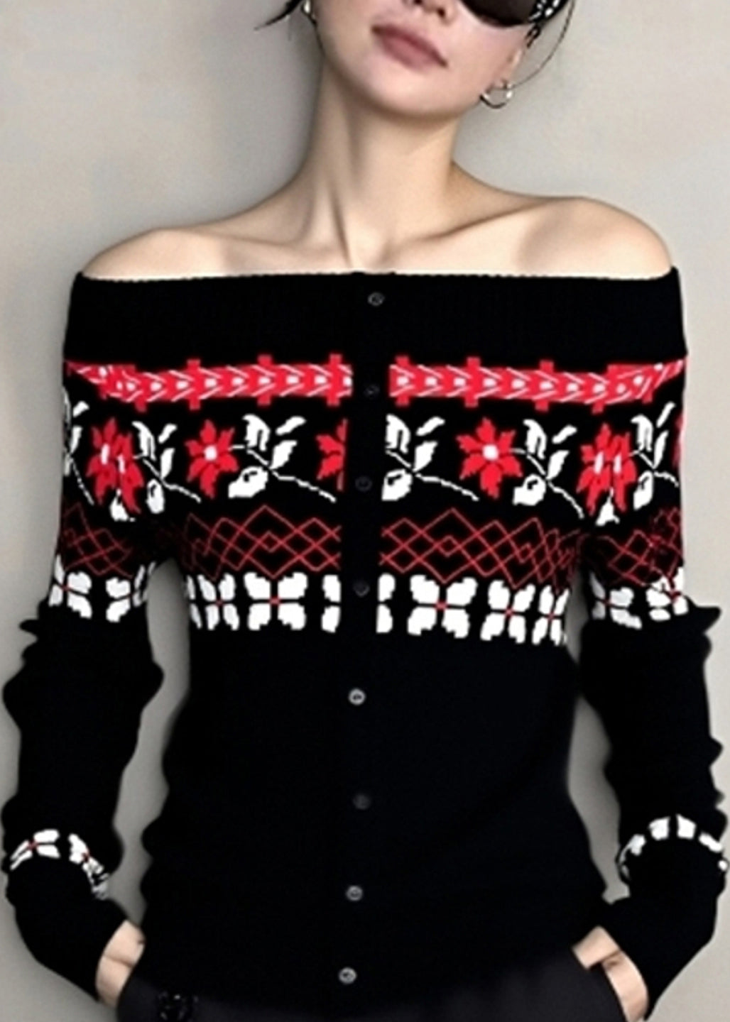 Black Cold Shoulder Jacquard Knit Tops Winter