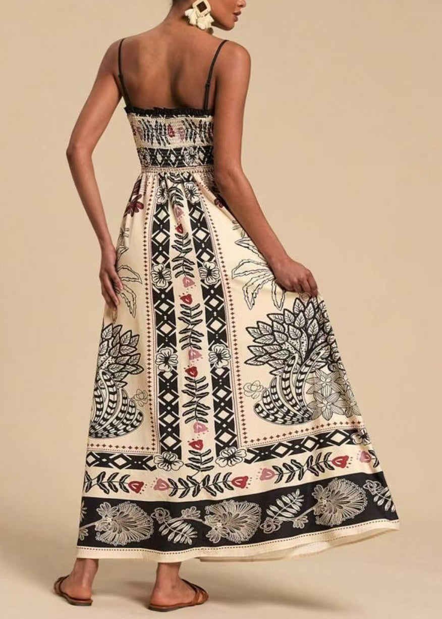 Classy White Print Cotton Spaghetti Strap Dress Summer