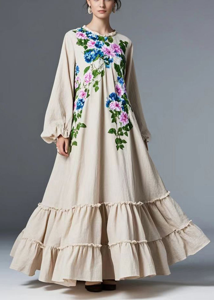 Natural Beige Ruffled Exra Large Hem Cotton Maxi Dresses Fall
