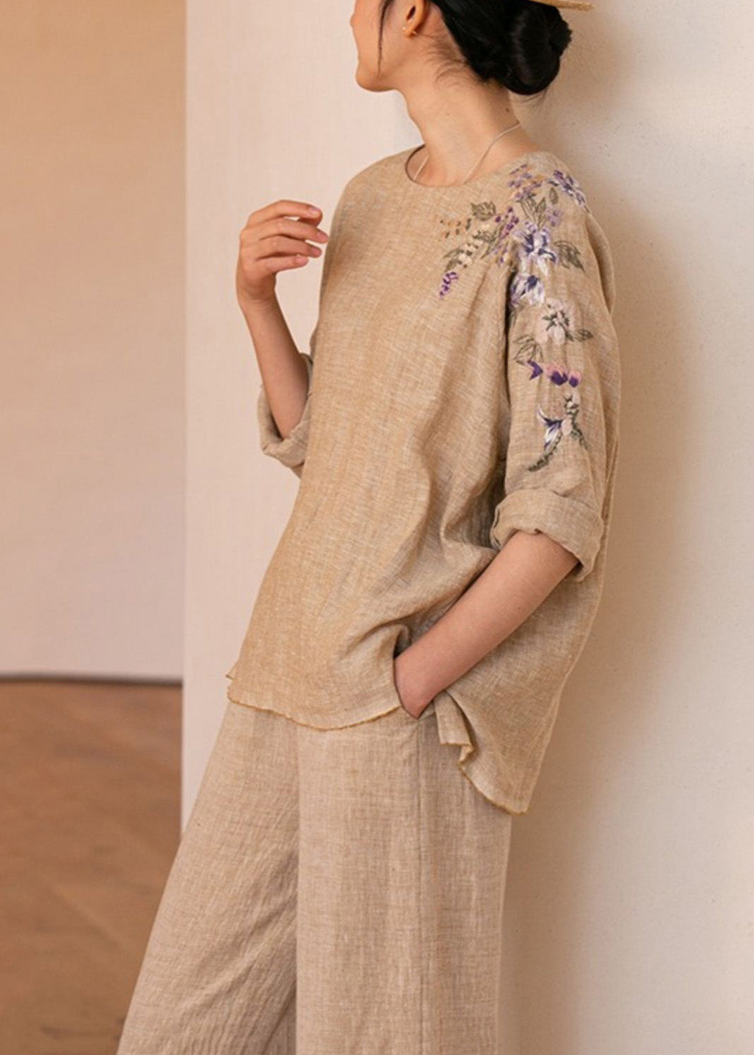 O-neck Embroidered Linen Shirt Top Long Sleeve