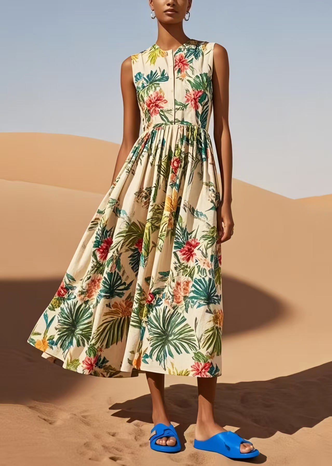 Apricot Print Exra Large Hem Cotton Robe Dresses Sleeveless