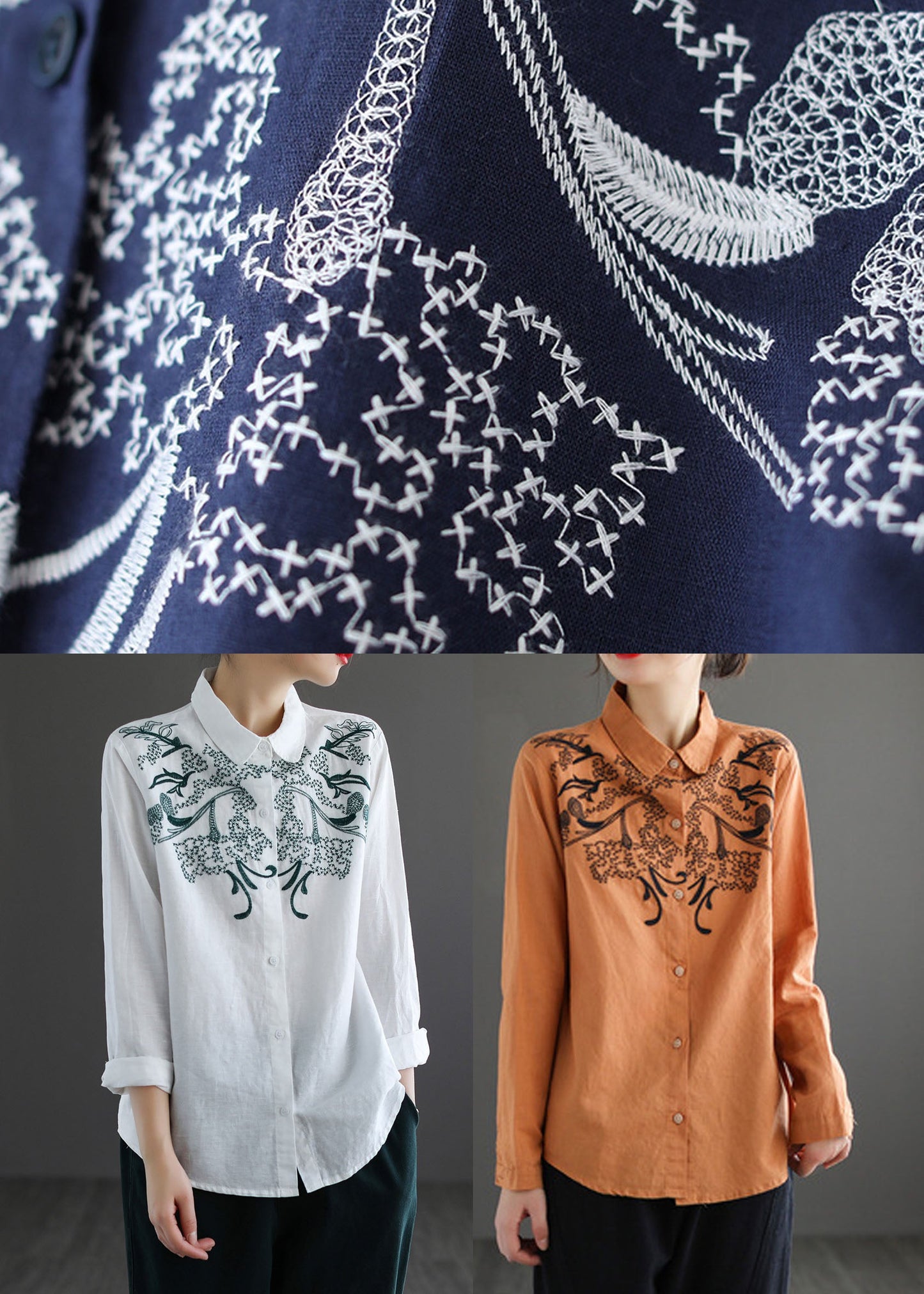 Orange Turn-down Collar Embroidered Cotton Shirt Top Long Sleeve
