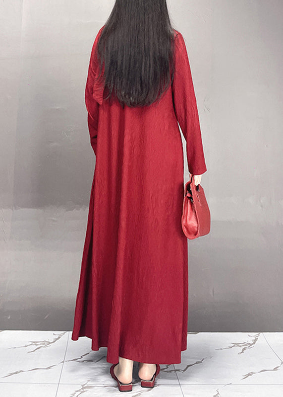 Red O-neck Wrinkled Maxi Dresses Fall