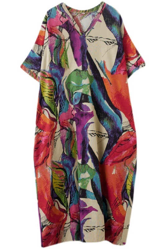 Cotton Linen V-neck Loose Long Dress Short Sleeve Printed Dress