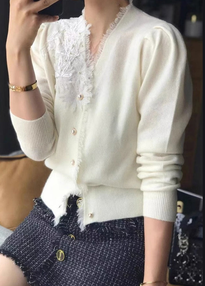 Khaki V Neck Tasseled Embroidered Woolen Cardigan Fall