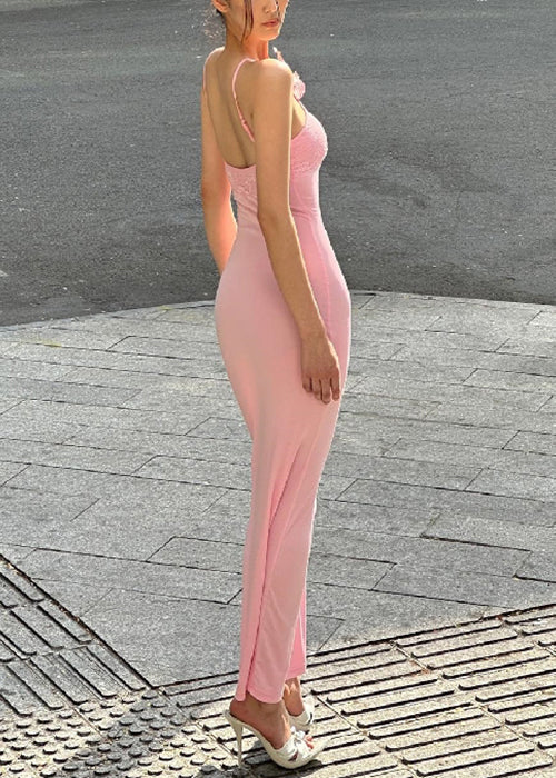 Slim Fit Pink Cold Shoulder Cotton Spaghetti Strap Dress Sleeveless