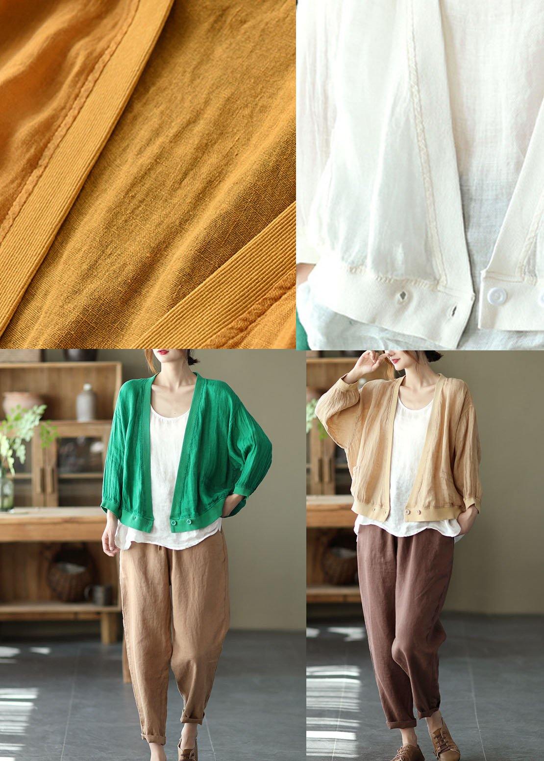 Green Loose Retro V Neck Fall Blouses Long Sleeve