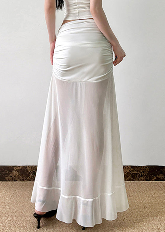 White Wrinkled Side Open Tulle Skirt Summer
