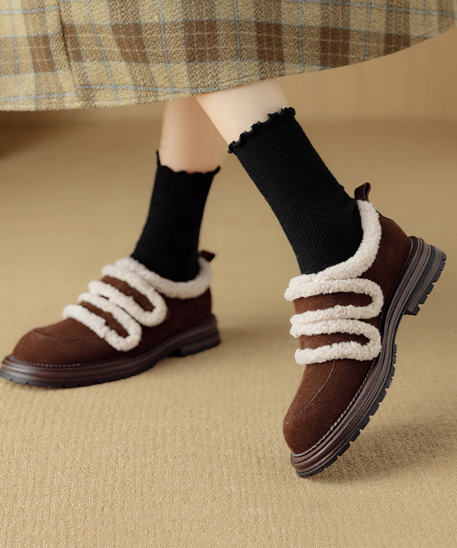 Brown Fuzzy Wool Lined Splicing Suede Platform Flats