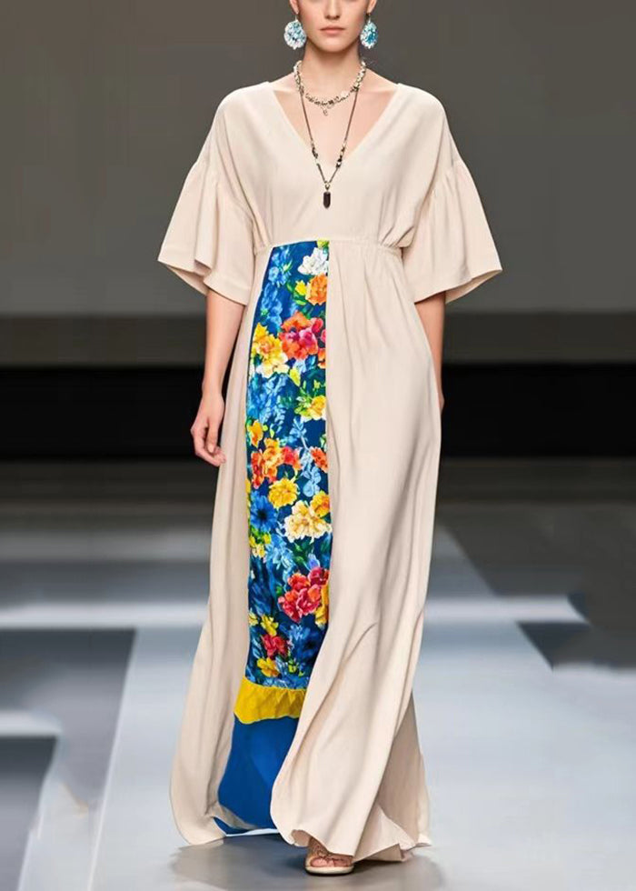 Apricot V Neck Patchwork Chiffon Robe Dresses Summer