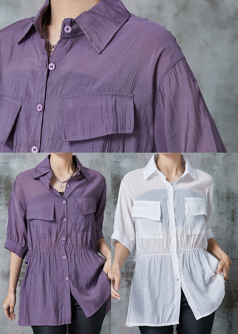 Purple Cinched Pockets Cotton Blouse Tops Summer