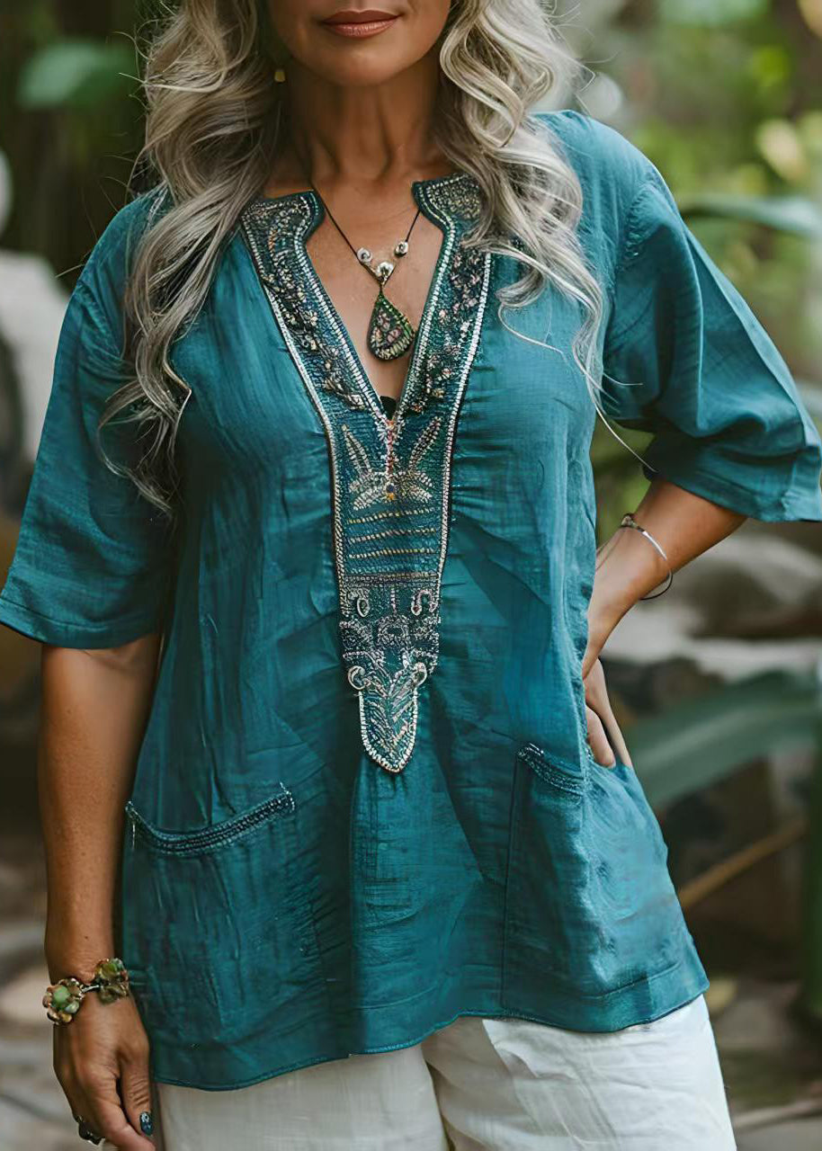 Blue V Neck Print Pockets Cotton Top Summer