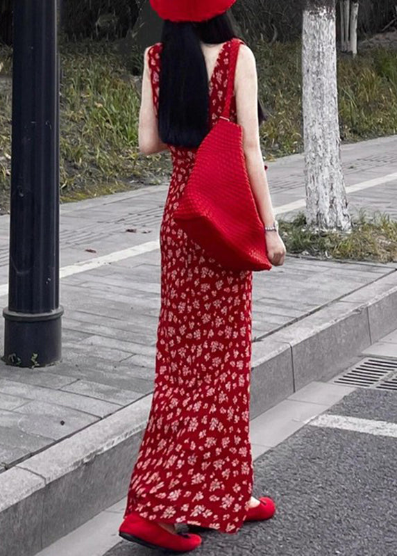 Red V Neck Print Maxi Dress Sleeveless