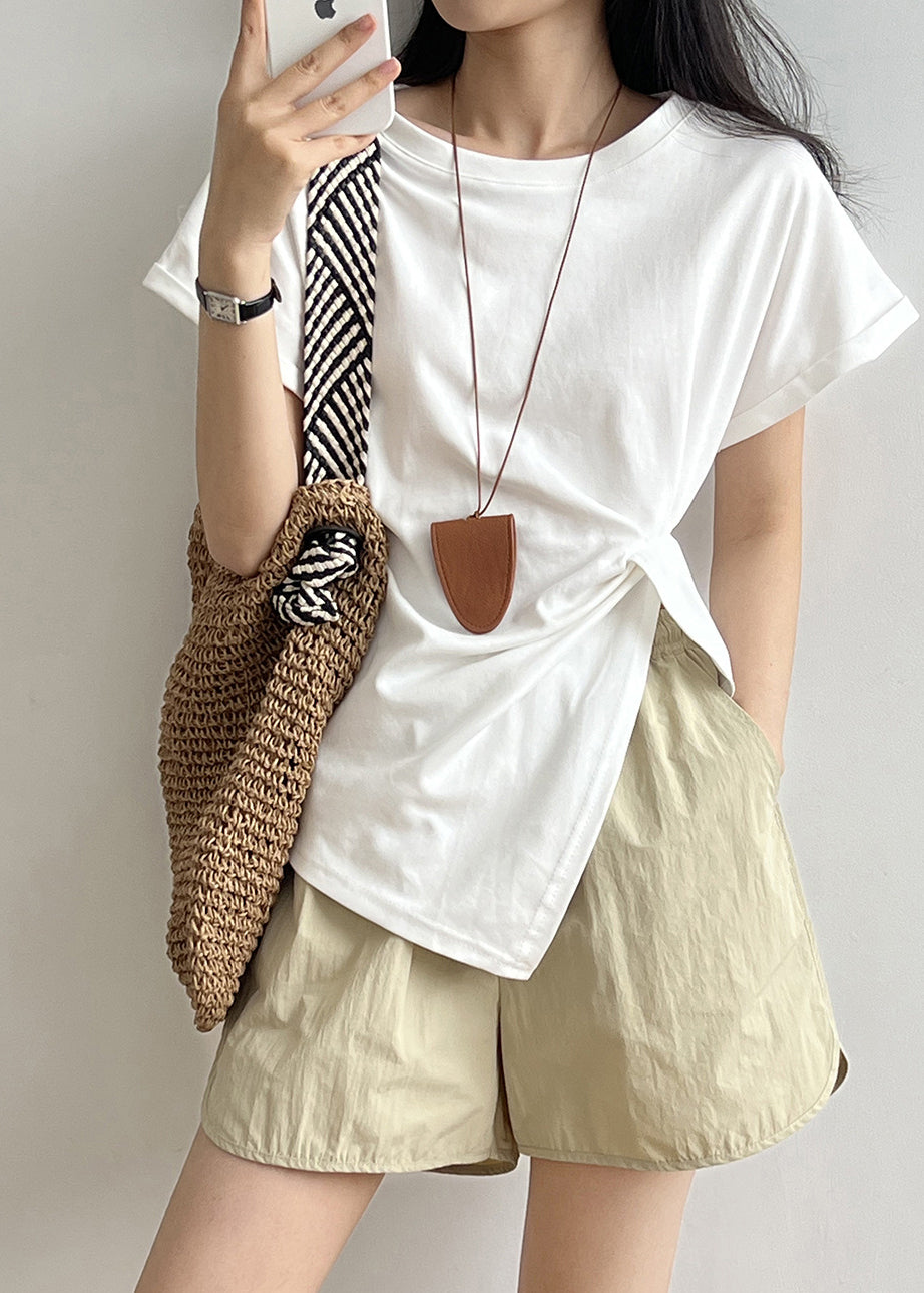 Apricot O Neck Asymmetrical Design Cotton T Shirt Summer