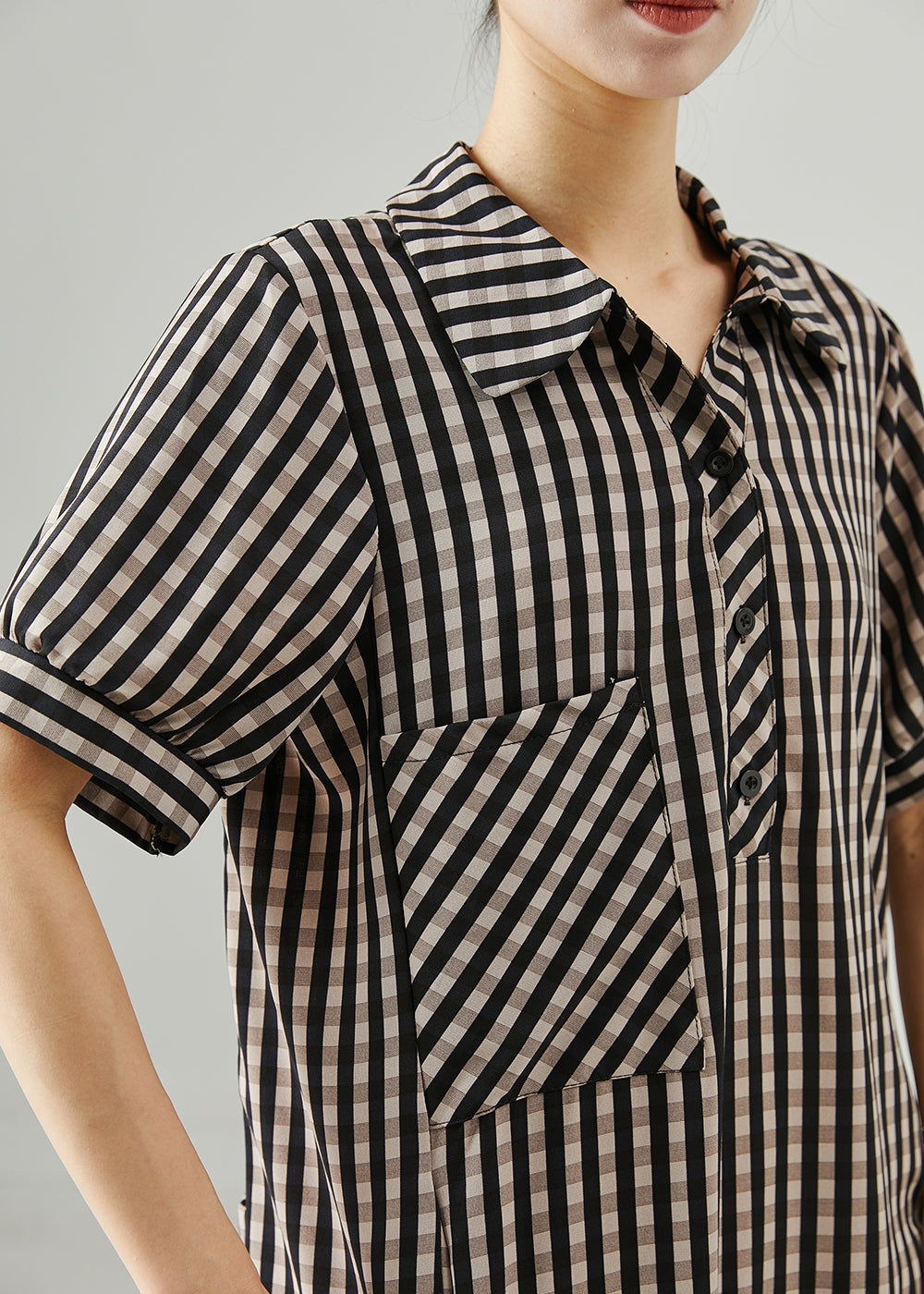 Grey Peter Pan Collar Plaid Cotton Dress Summer