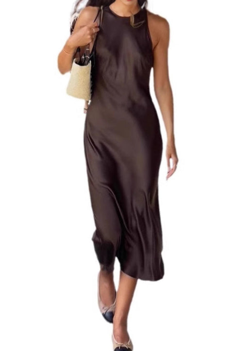Simple Coffee O Neck Silk Long Dress Sleeveless