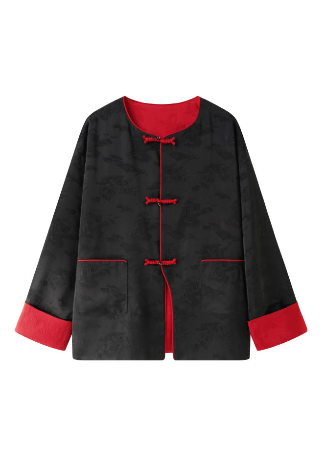 Black Pockets Button Jacquard Wear on Both Sides Silk Coats Fall