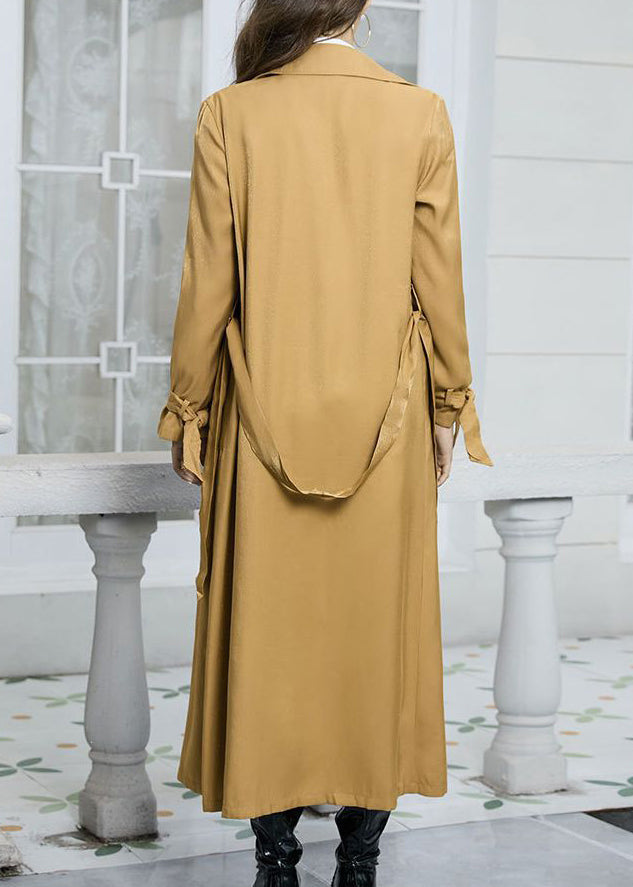 Yellow Peter Pan Collar Pockets Tie Waist Long Trench Fall