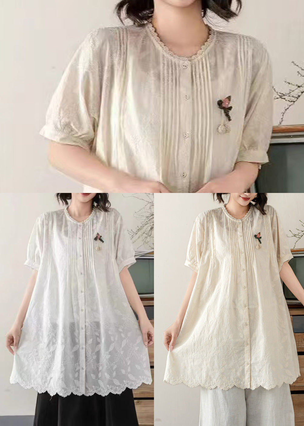 White Embroidered Cotton Long Blouses Summer