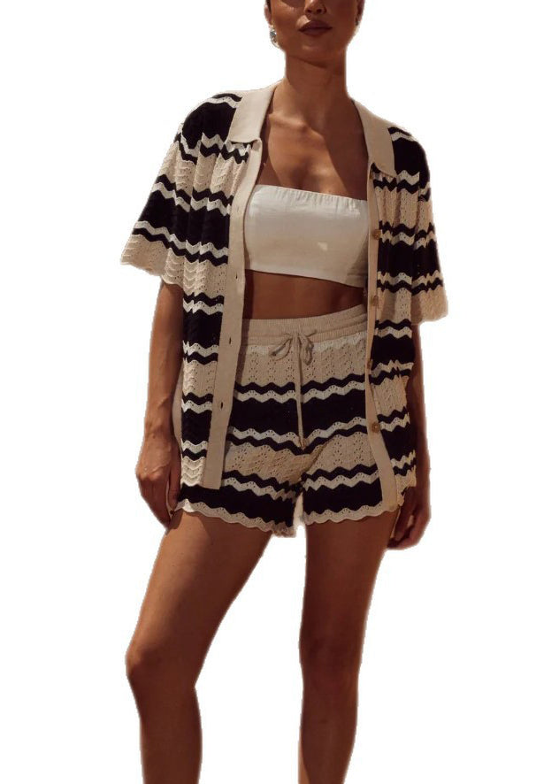 New Striped Cut Out Button Patchwork Knit Swimsuit Cover Up Set