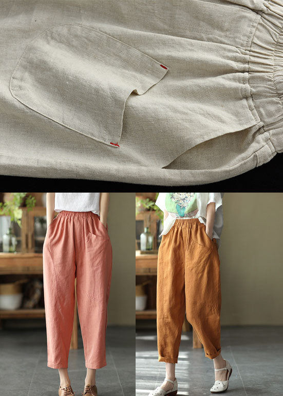 Pink Elastic Waist Pockets Linen Crop Pants Summer