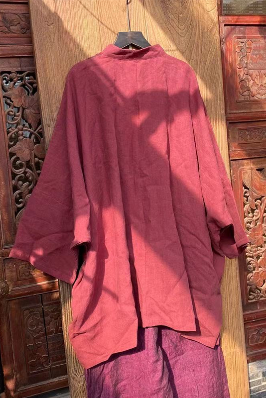 -retro Loose Cotton Linen Red Plaid Open Slant Tops