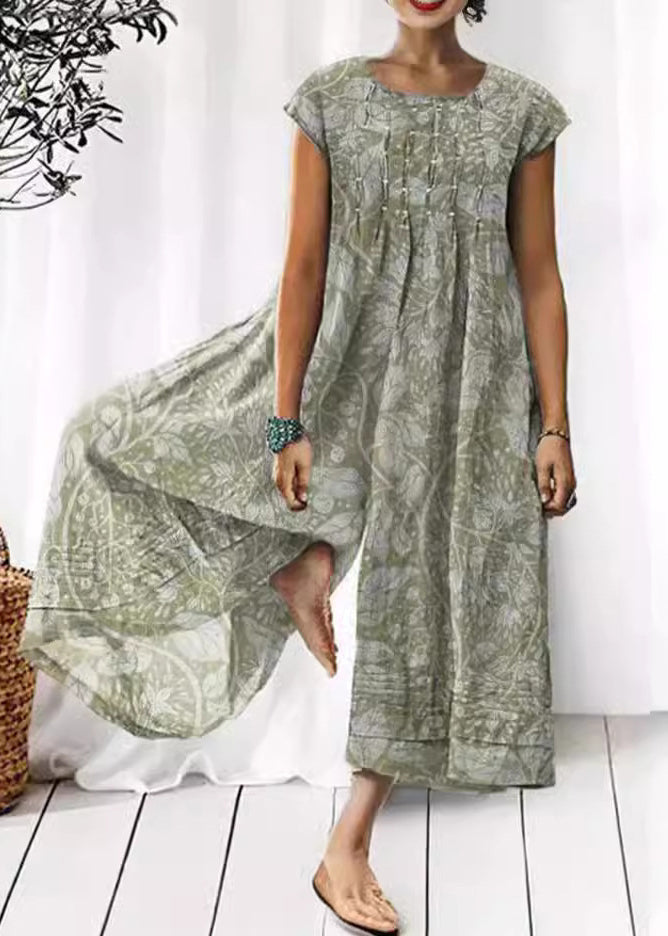 Khaki O Neck Print Cotton Jumpsuits Summer