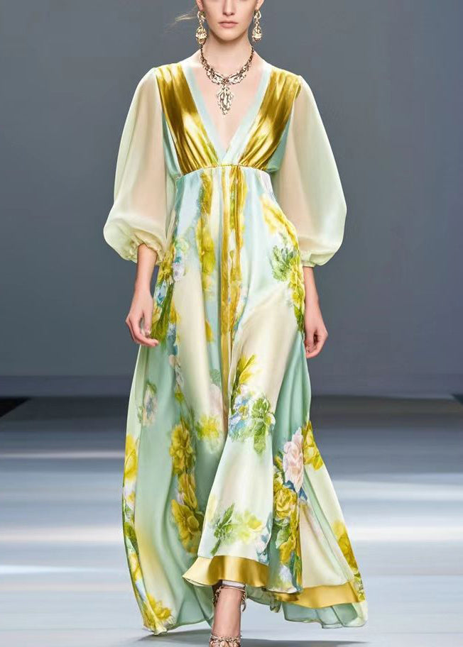 Light Green V Neck Print Silk Holiday Dress Fall