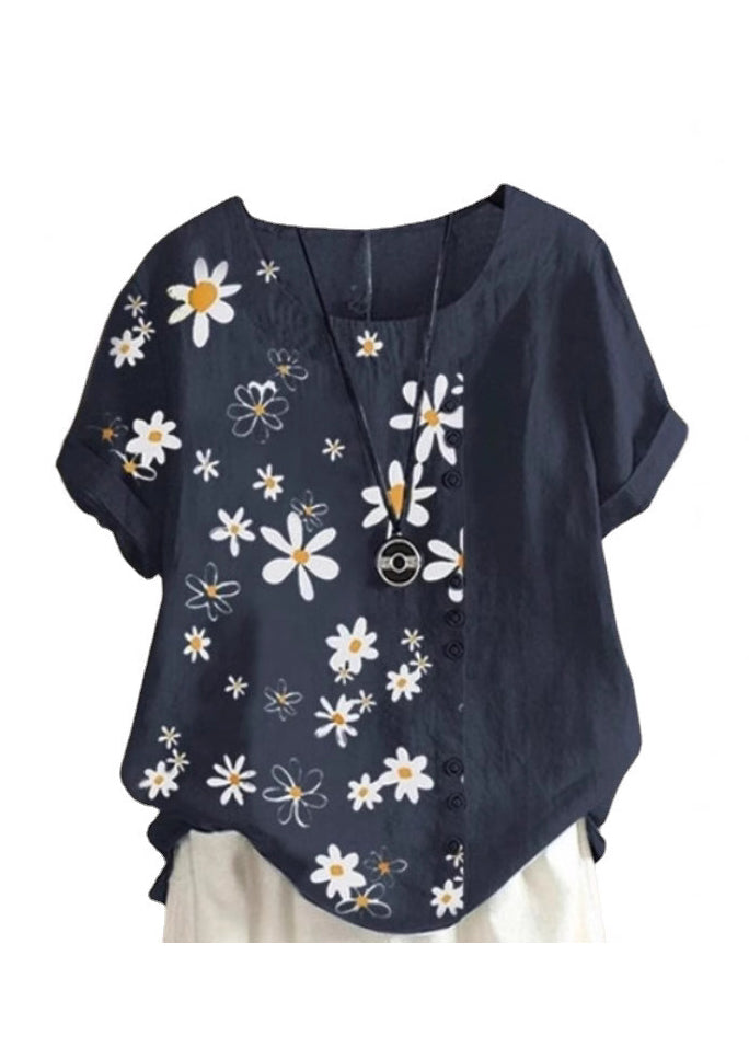 Loose Green O Neck Print Patchwork Cotton Blouses Top Summer