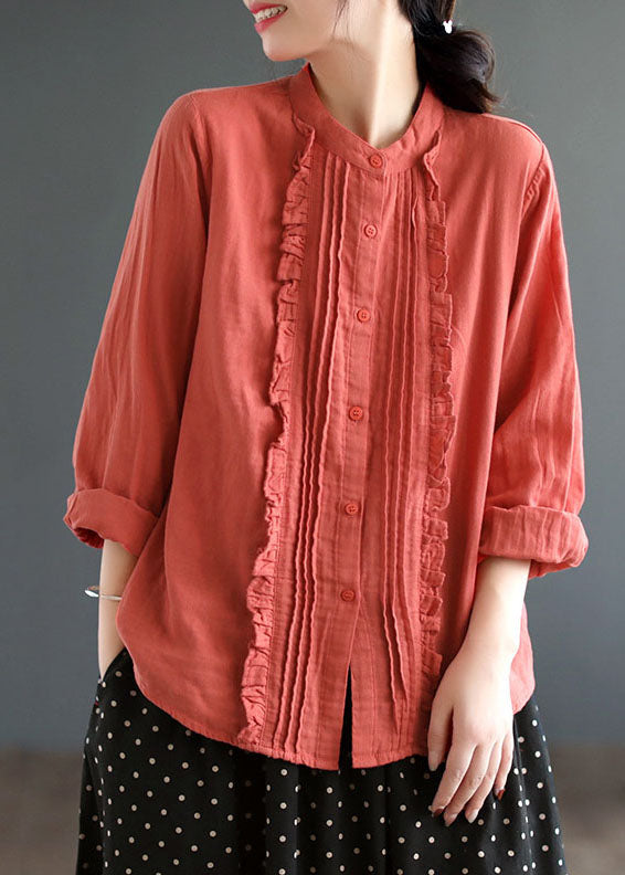 White Stand Collar Ruffled Patchwork Cotton Blouse Tops Spring